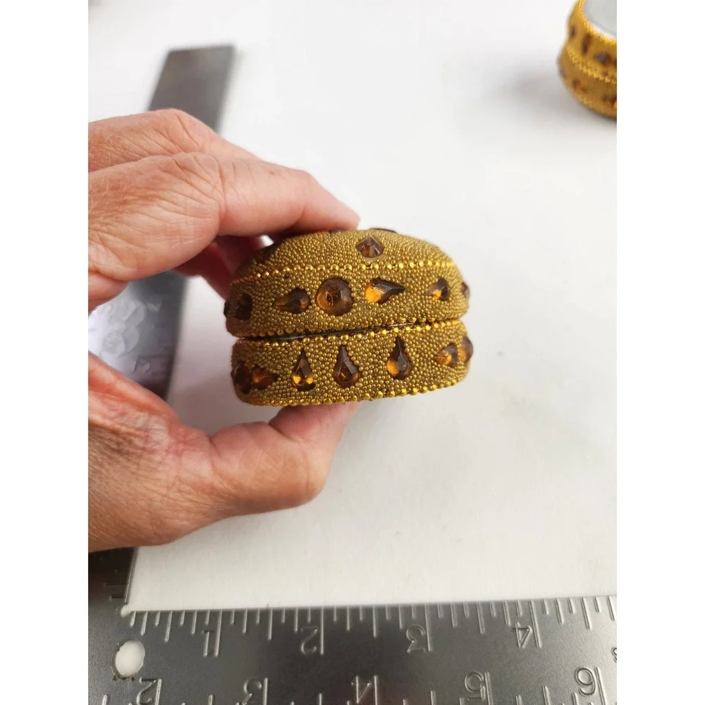 Vtg Round Hand Beaded Trinket Boxes Yellow Gold Beads Jeweled Wedding Set of 5